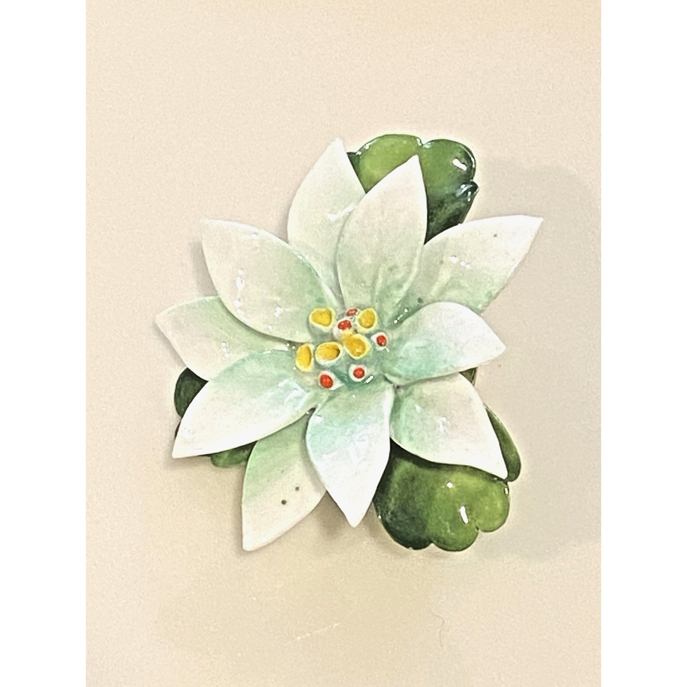 Vintage Cara China Staffordshire Brooch White Green Poinsettia Flower 2" Round